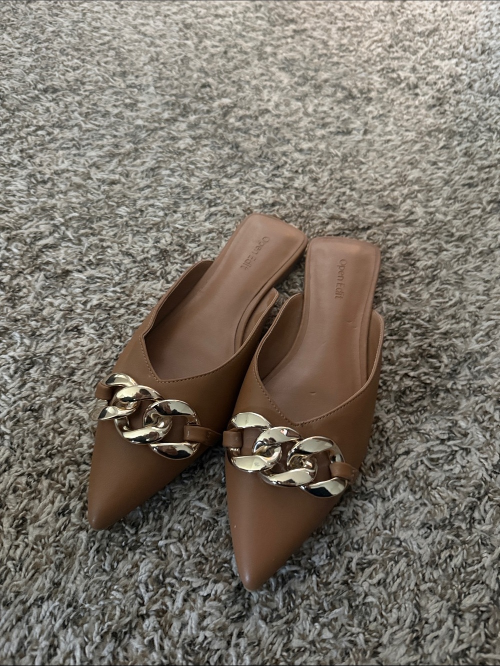 Open Edit Pointed Mule Slides in Camel Brown